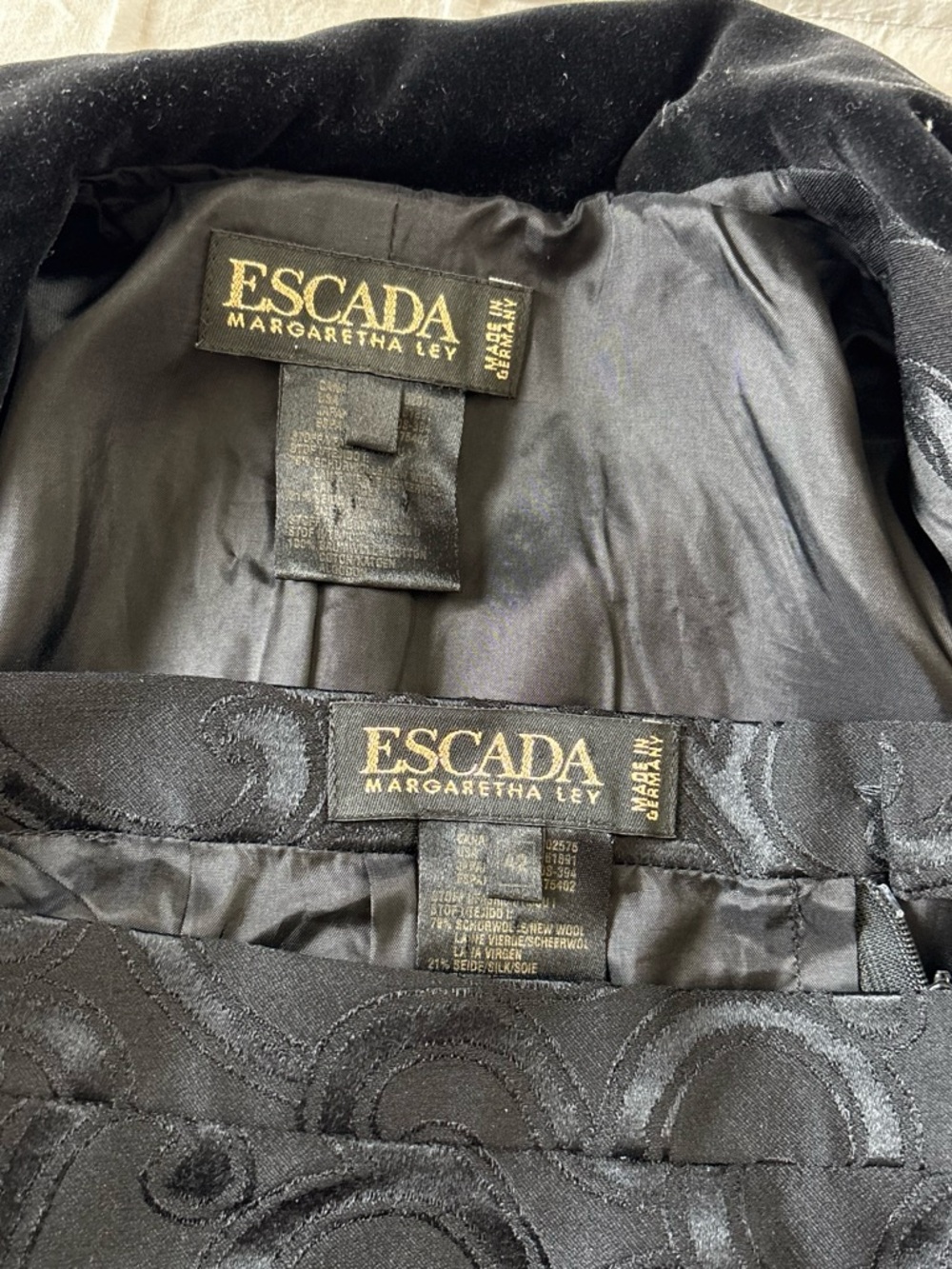 Escada Black Velvet accents Coat with Jacquard Swirl & skirt